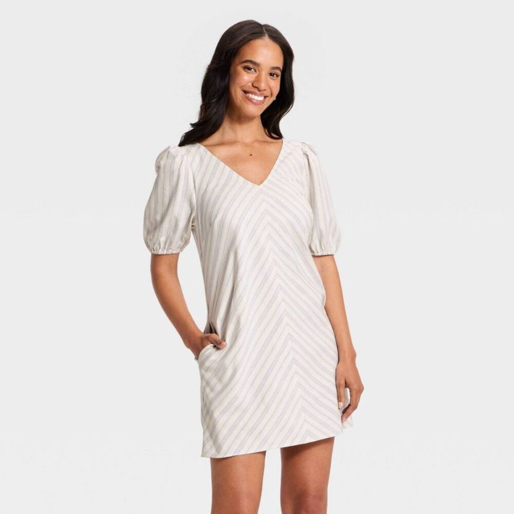 a new day Cream and Tan Strapless-Look Puff Sleeve V-Neck Dress